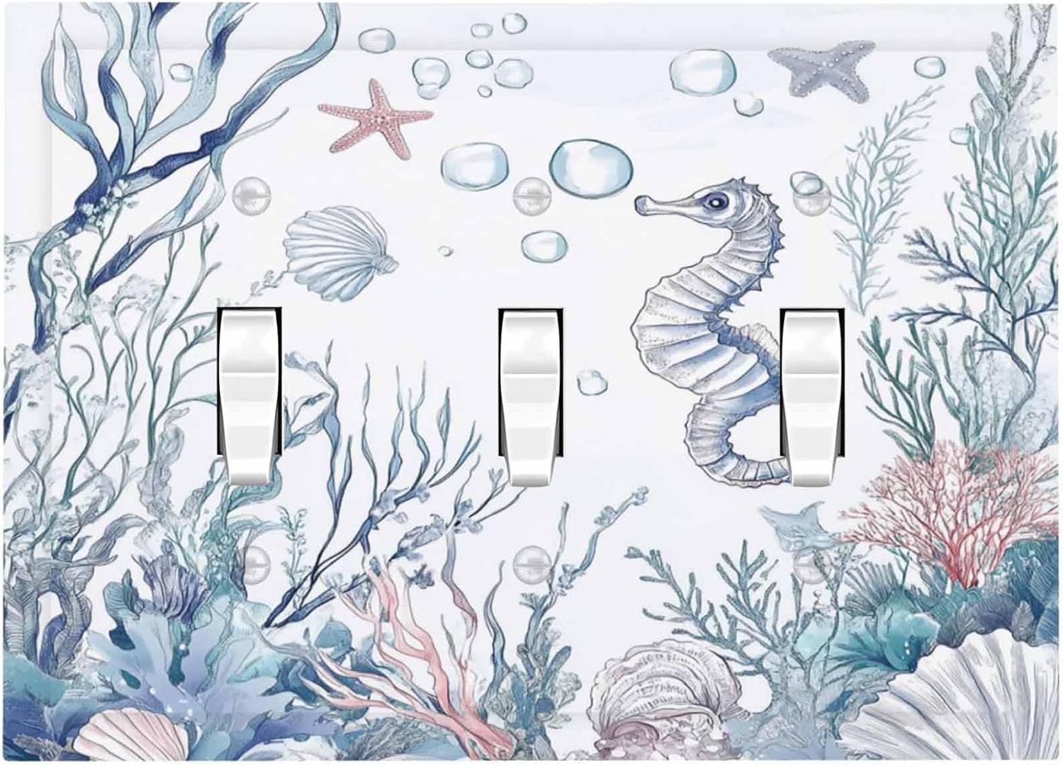 Decorative Switch Plates Ocean Coral Seahorse Seashell Starfish 3 Gang Wall Plate Triple Toggle Light Switch Cover Faceplate Electrical Wall Panels For Bathroom Home Decor