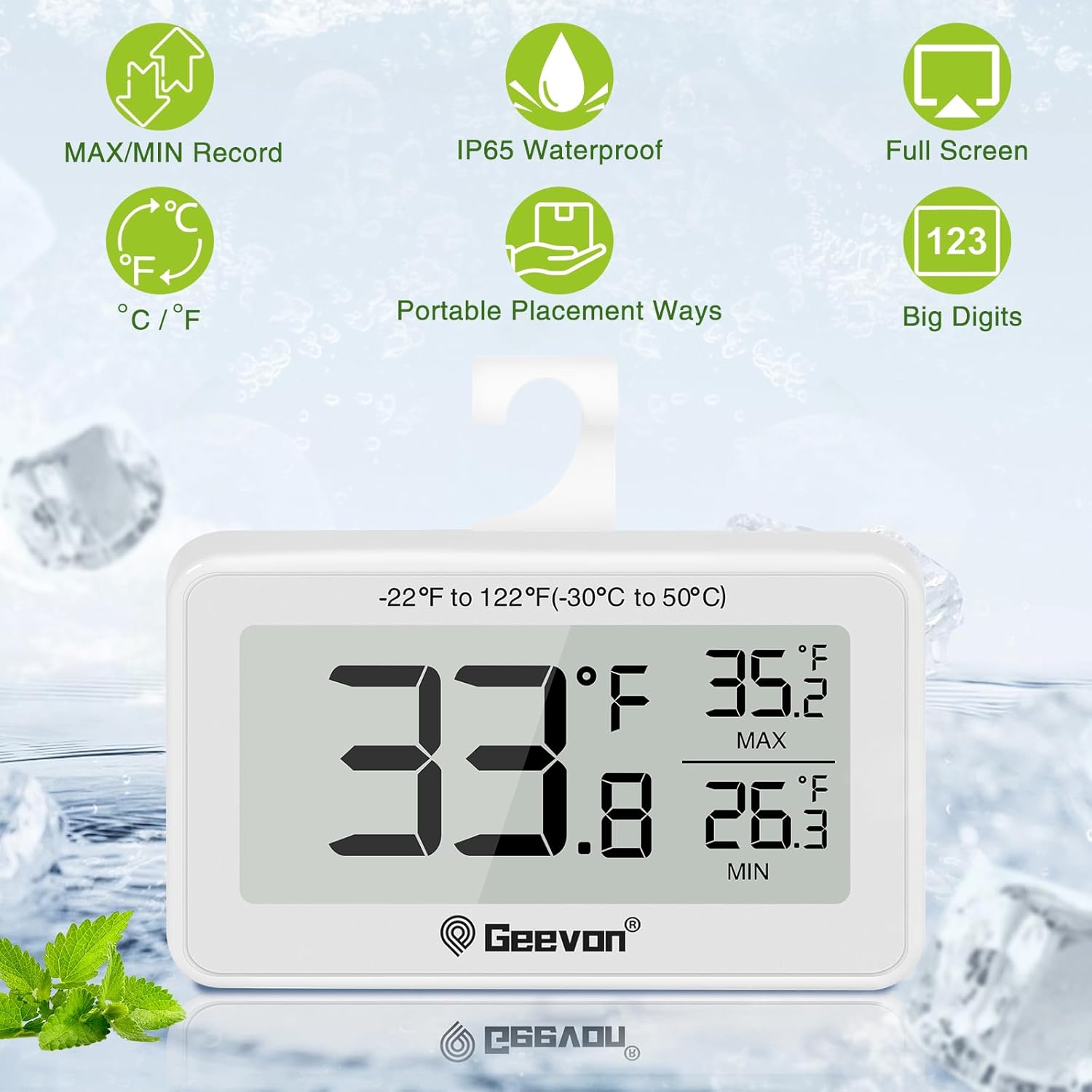 Geevon Refrigerator Thermometer Digital Fridge Thermometer IP65 Waterproof with Large LCD Display,Max/Min Record Function,Magnetic Back,for Fridge,Freezer Scenarios (White-1Pack)