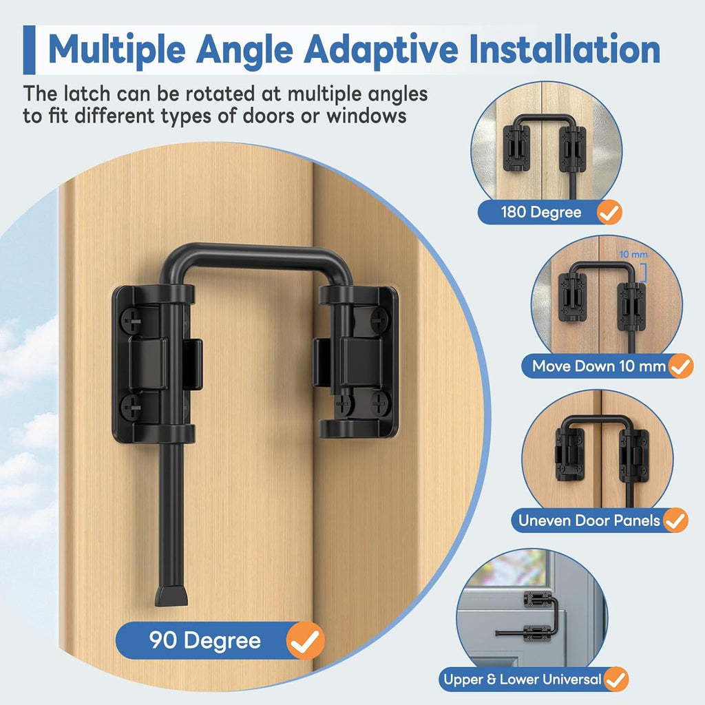 Sliding Door Loop Lock, 90/180 Degree Stainless Steel Patio Door Latch for Sliding Barn/Single/Double Opening Gate, Shed, Closet, Window, Fence - Home Security Loop Latch (Black-2PCS)