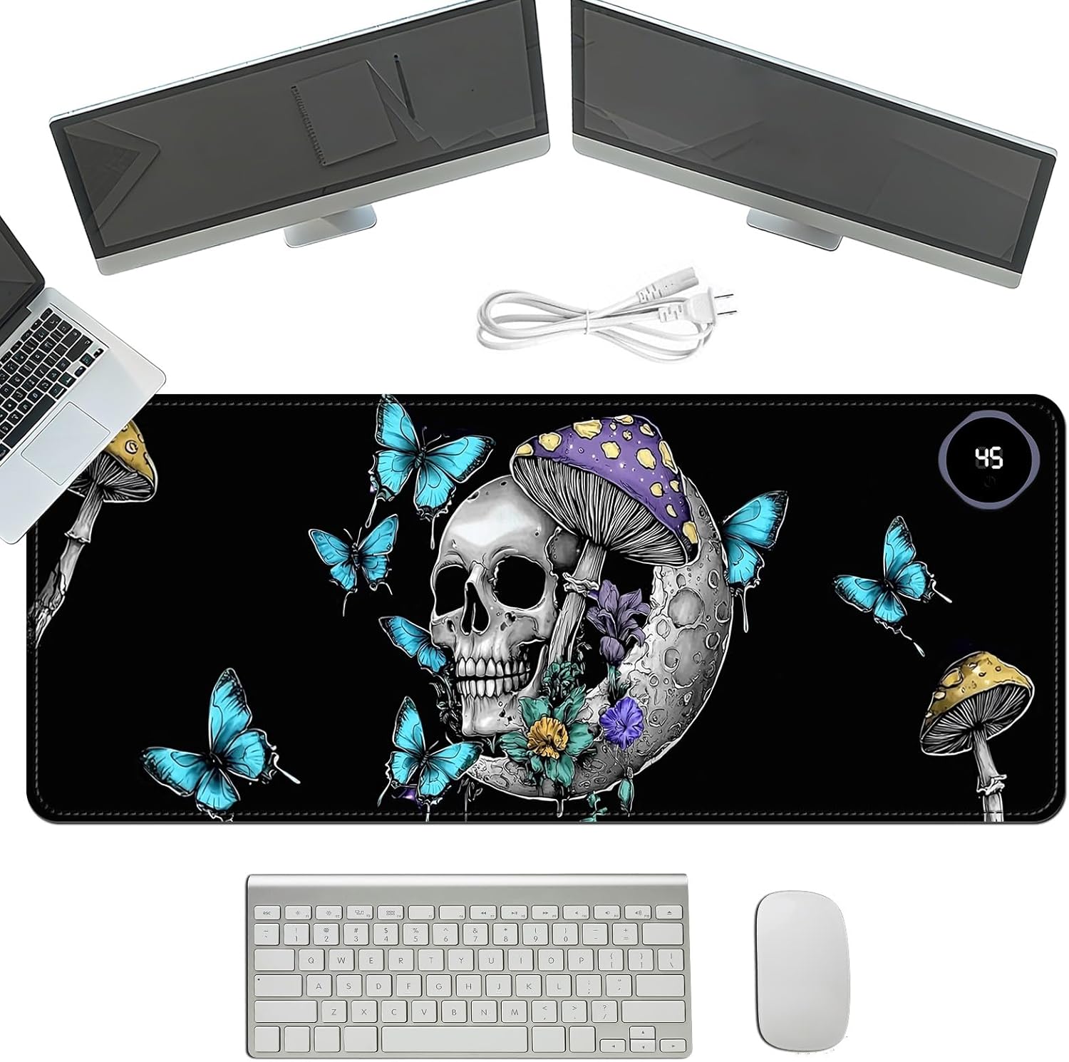 Heated Mouse Pad with 3 Temperature Settings(104°F–122°F),Large 31.5x13 Inch PU Leather Heated Desk Mat,Waterproof Warming Pad for Office,Gaming & Cold Hands Relief,Skeleton Moon Mushroom