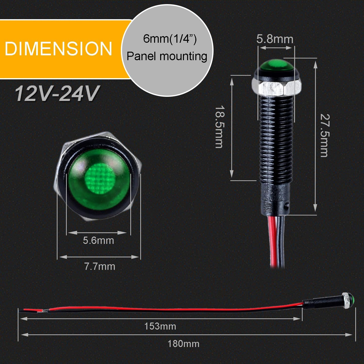 5pcs 6mm LED Indicator Light Plastic Black Signal Dot Lamp 12V-24V 1/4" Mounting Hole Size with 15cm/5.9in. Wire (Green LED)