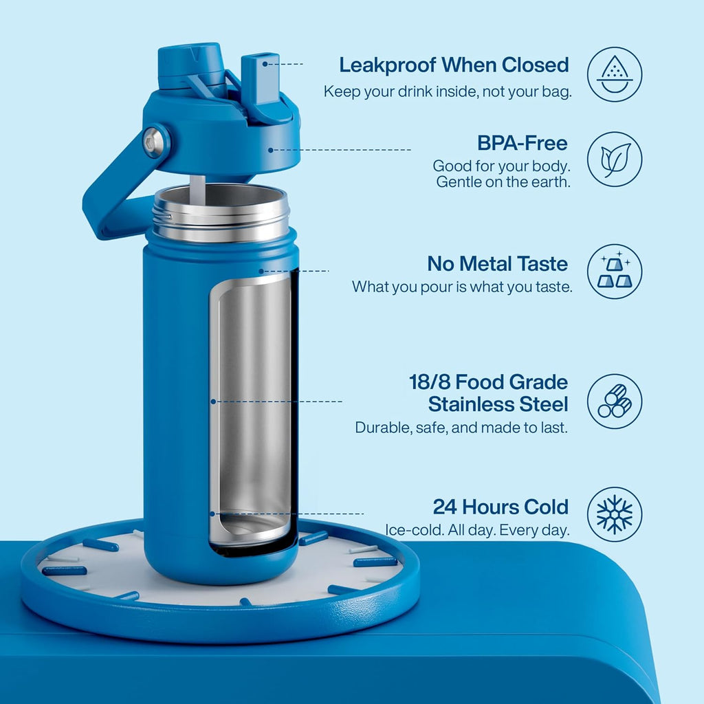 ENCOOL Insulated Water Bottle with Straw Stainless Steel Water Bottle, Leak-Proof, BPA-Free, Double Wall Vacuum Keeps Cold for 24 Hours for Sports, Travel, School (18 oz, Celtic Blue)