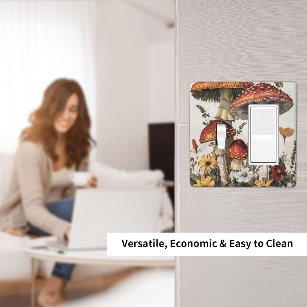 Outlet Covers Mushroom Forest Butterfly Wild Flower 1 Toggle 1 Rocker Combination Decorative Wall Plate Electrical Switch Plates Light Switch Cover Plate For Bed Room Living Room Decor