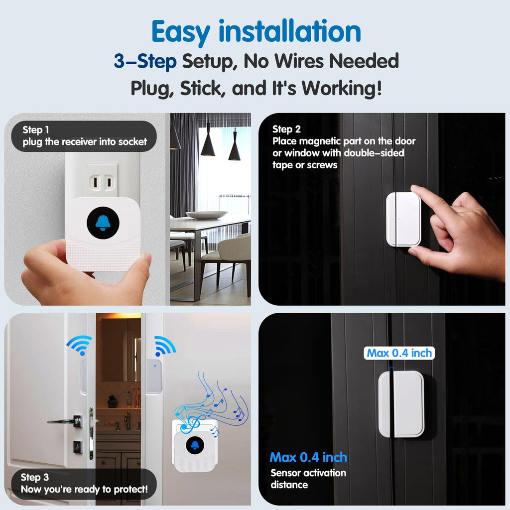 Wireless Door Chime & Window Sensor Alarm - 800Ft Long Range Door Sensor for Business and Home Security Door Chime with 55 Ringtones, 5 Volume Levels, Easy Install (1 Receiver & 2 Sensors)