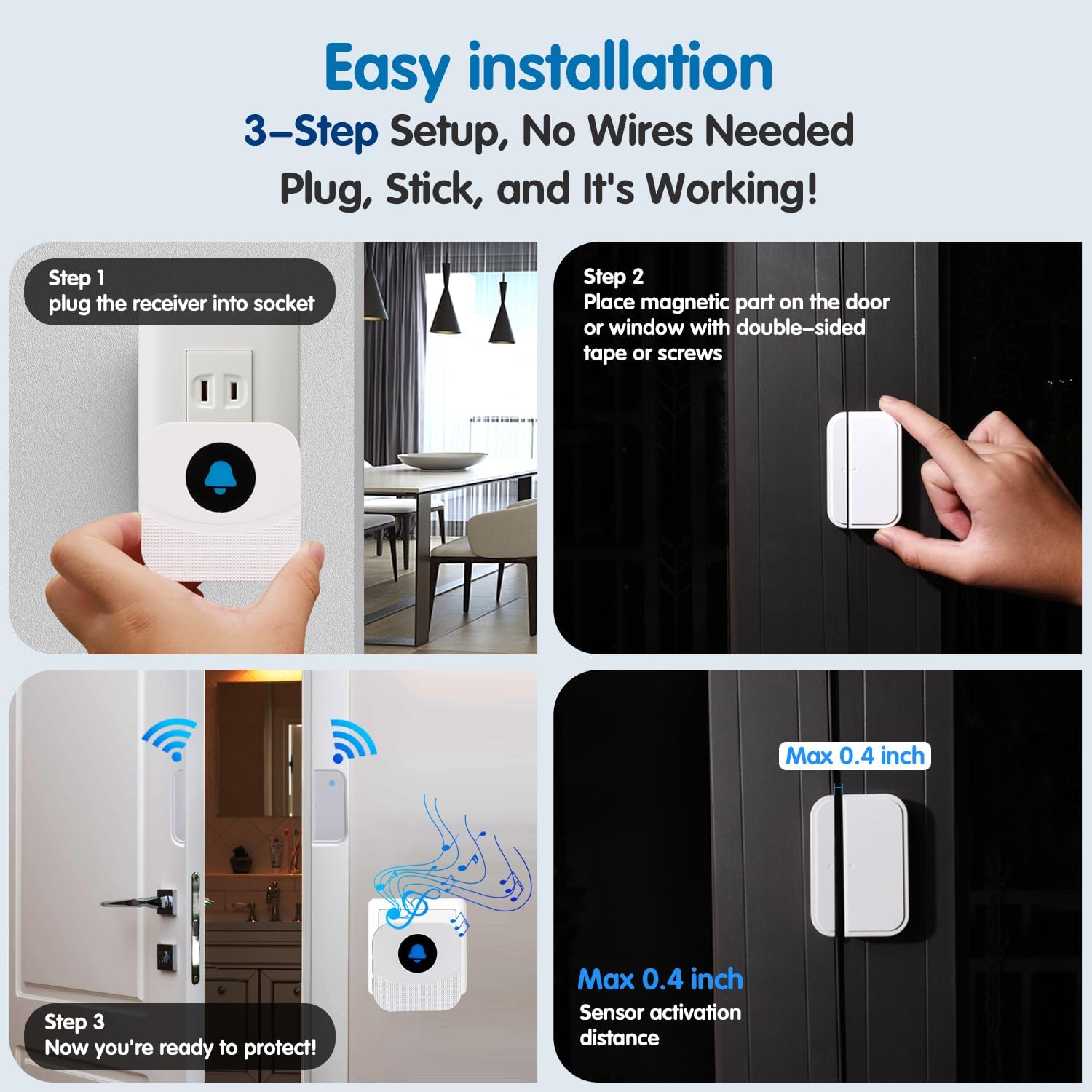 Wireless Door Chime & Window Sensor Alarm - 800Ft Long Range Door Sensor for Business and Home Security Door Chime with 55 Ringtones, 5 Volume Levels, Easy Install (1 Receiver & 2 Sensors)