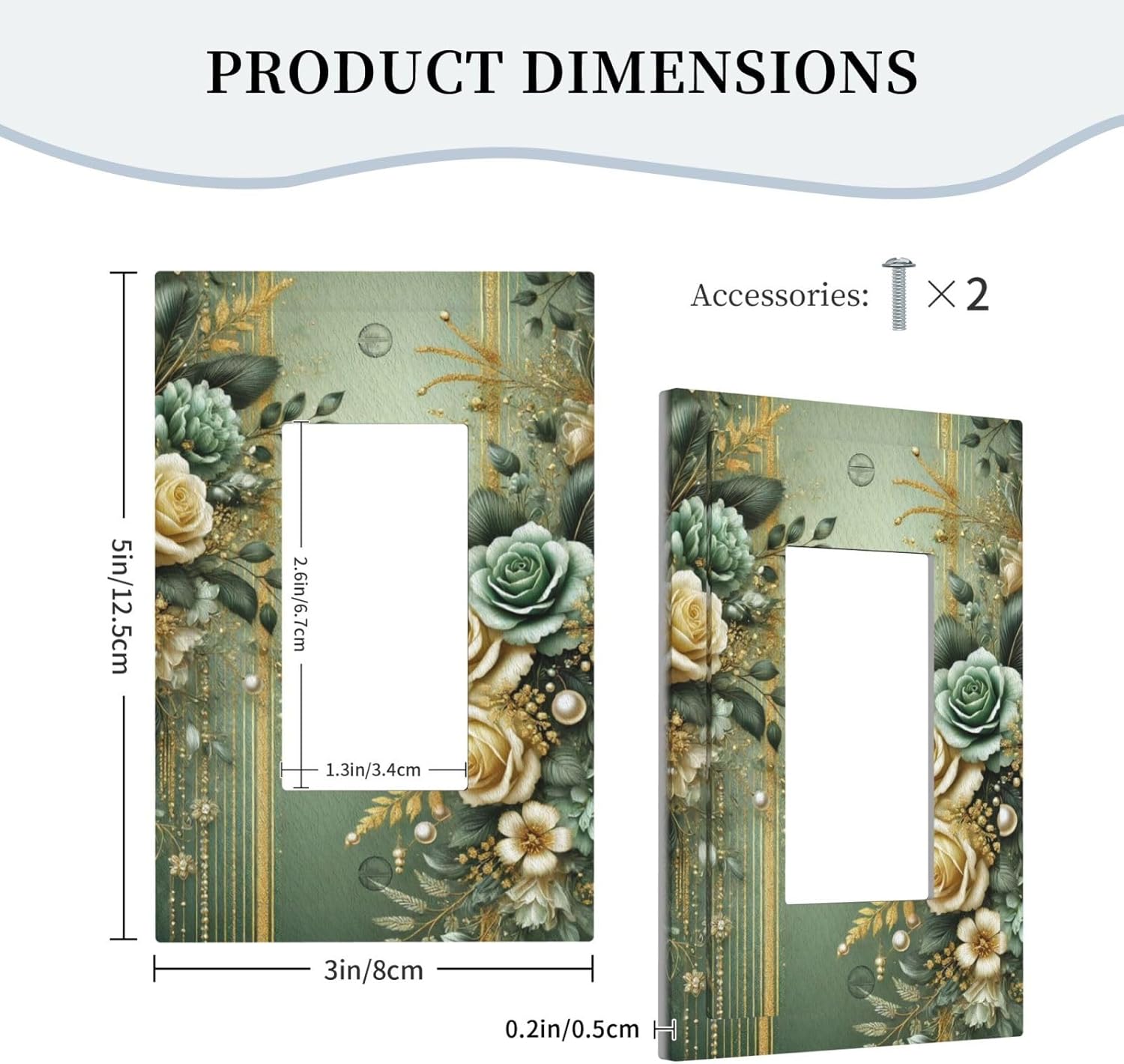 Decorative Outlet Covers Rustic Green Floral Leaves Teal Flowers Gold Stripe 1 Gang Single Decora GFCI Device Light Switch Covers Plate 1 Rocker Wall Plate Jumbo Faceplate