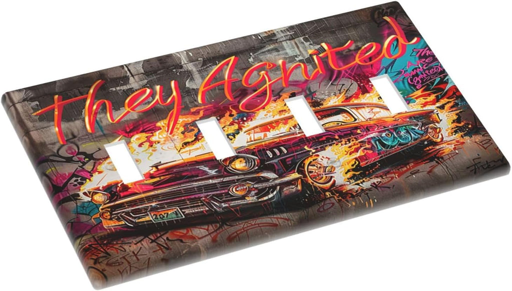 Light Switch Covers Hip Hop Street Graffiti Flame Car Quad Toggle Electrical Faceplate 4 Gang Wall Plate Decorative Switch Plates for Bedroom living Room Decor