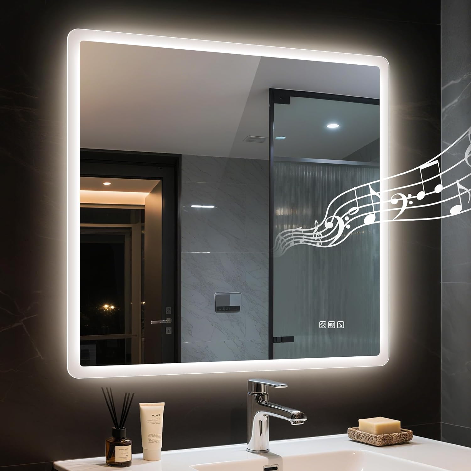 STARLEAD 36"x36" LED-Bathroom-Mirror-with-Lights, Wall-Mounted with Bluetooth Speaker, Anti-Fog, 3 Color Temperature, Dimmable Brightness, Waterproof, Tempered Glass, Frontlit & Backlit