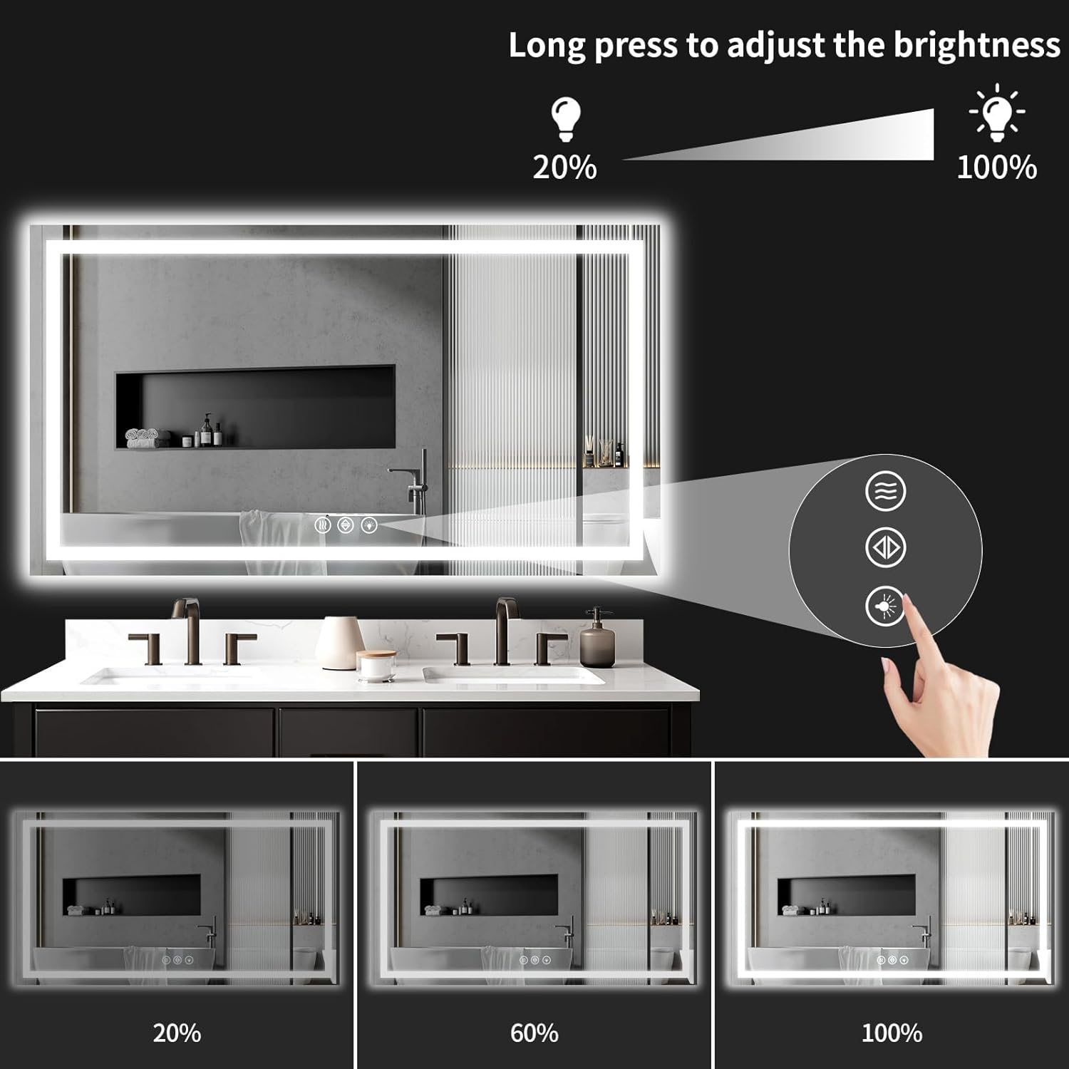 LED Bathroom Mirrors 36"x60" Bathroom Mirror with Lights for Wall, Backlit + Front Lit, 3 Colors, Anti-Fog, Dimmable Brightness for Vanity,Bathroom, Entryway, Living Room