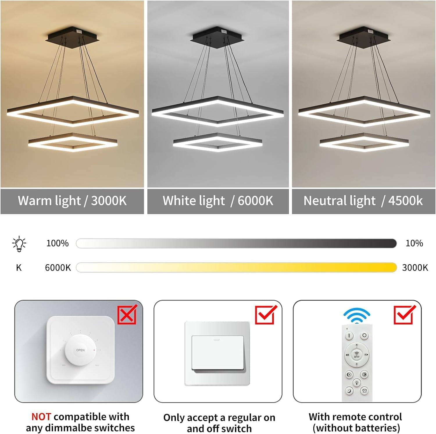 Modern Ceiling Chandelier, with Remote Control Dimmable 3 Color Mode & Brightness (Warm & Cool & Neutral Light) Ceiling Chandelier, Acrylic Anti-Flicker Dining Light Fixture for Kitchen