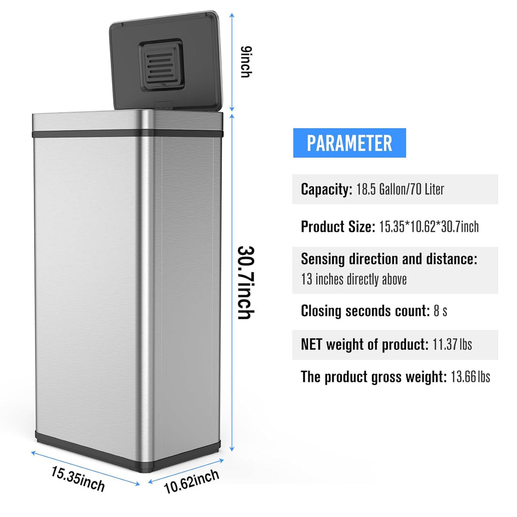 70L / 18.5 Gallon Smart Automatic Trash Can with Deodorizer Compartment, Stainless Steel Body and Mute Sensor Lid for Kitchen Office Living Room and More, Assemble Large Capacity Garbage Can - Silver