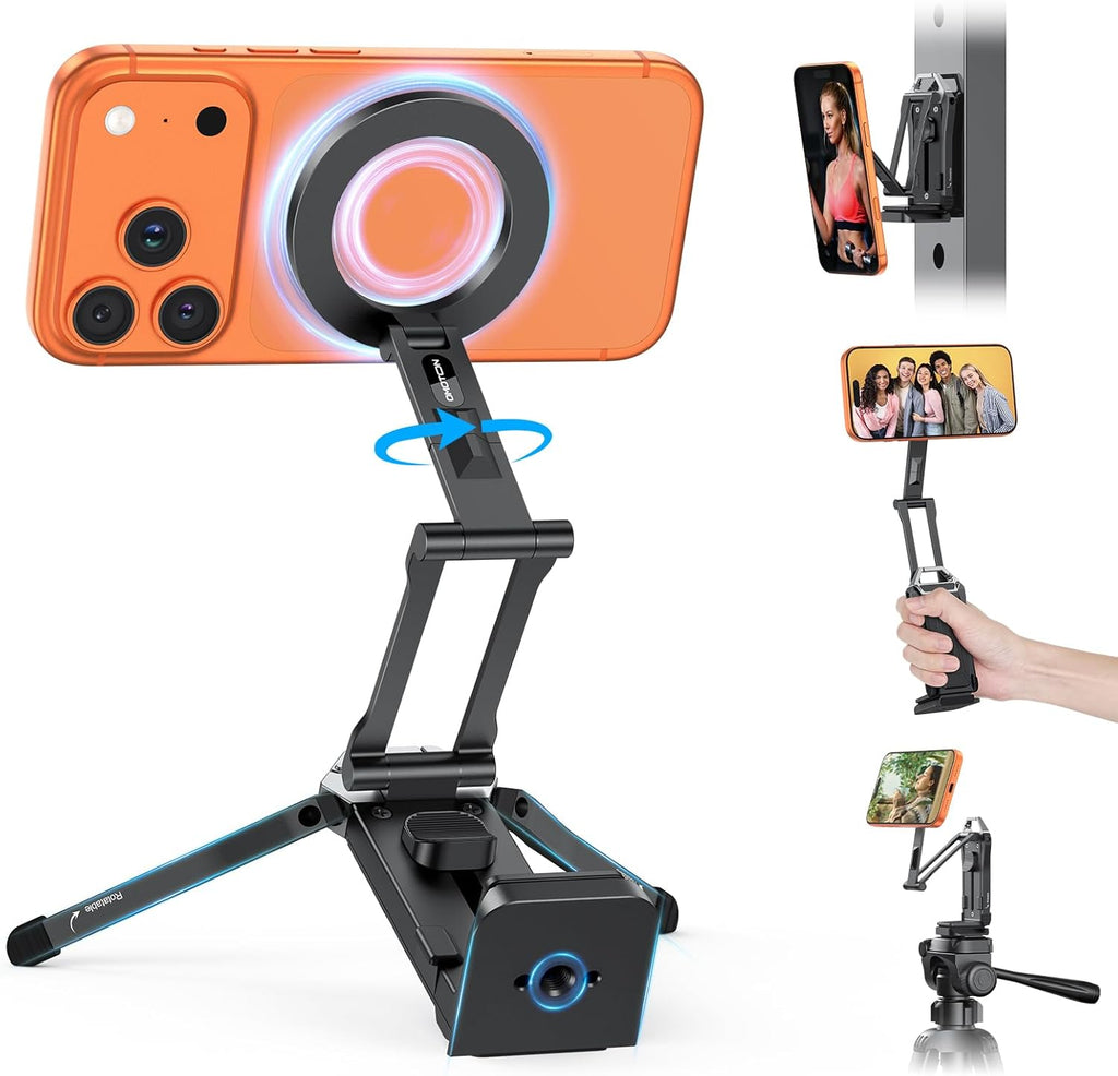 OMOTON 360°Rotating for MagSafe Tripod, New Upgrade with 1/4" Screw Arca, Adjustable Magnetic Phone Tripod for iPhone 17/16/15 Pro Max Air, Foldable Selfie Stick Fits Vlog, Gym, Travel Essentials