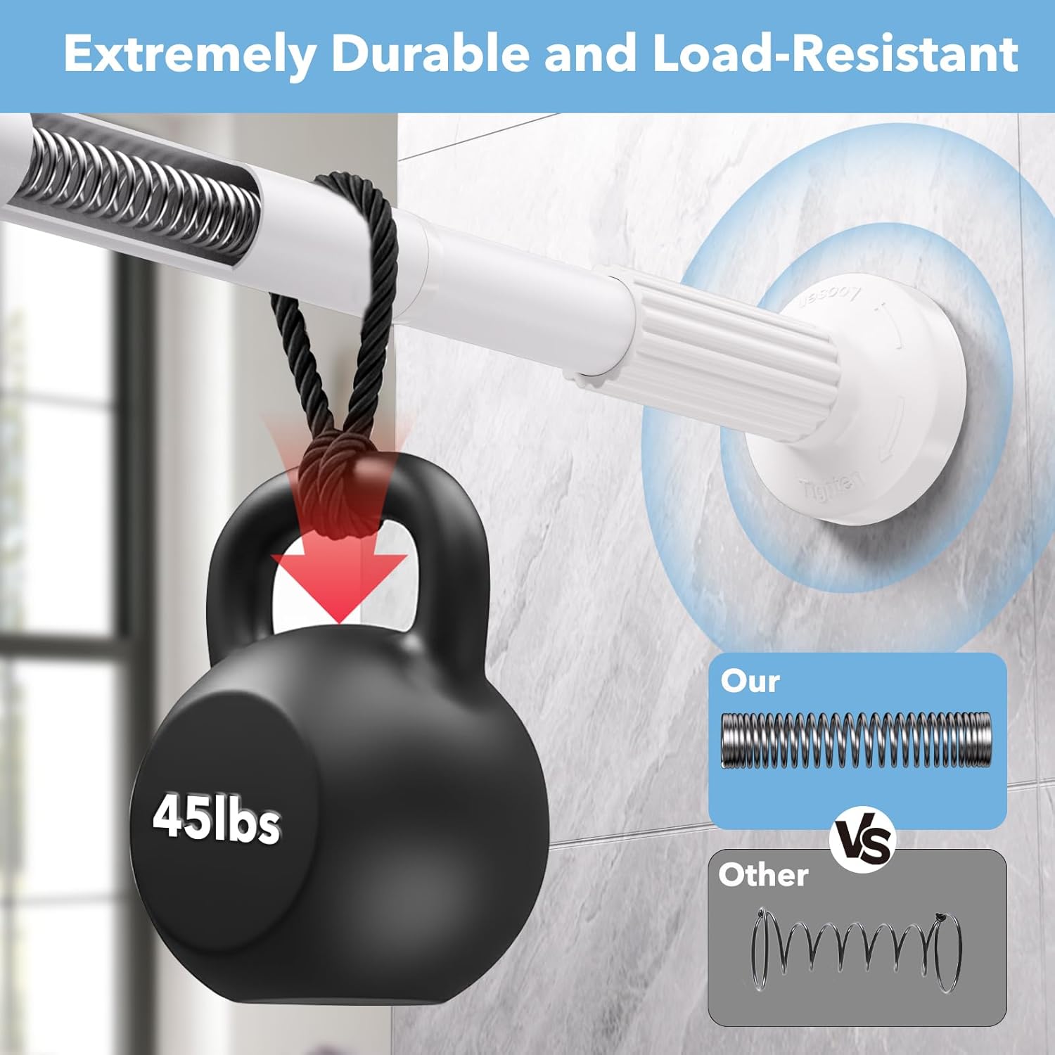 Tension Curtain Rod 51–128 In (4.25–10.67 ft),Extra Long Outdoor Curtain Rod for Window or Bathroom Patio,Easy to Install No Drilling Never Rust,Heavy Duty Adjustable Spring Shower Rod