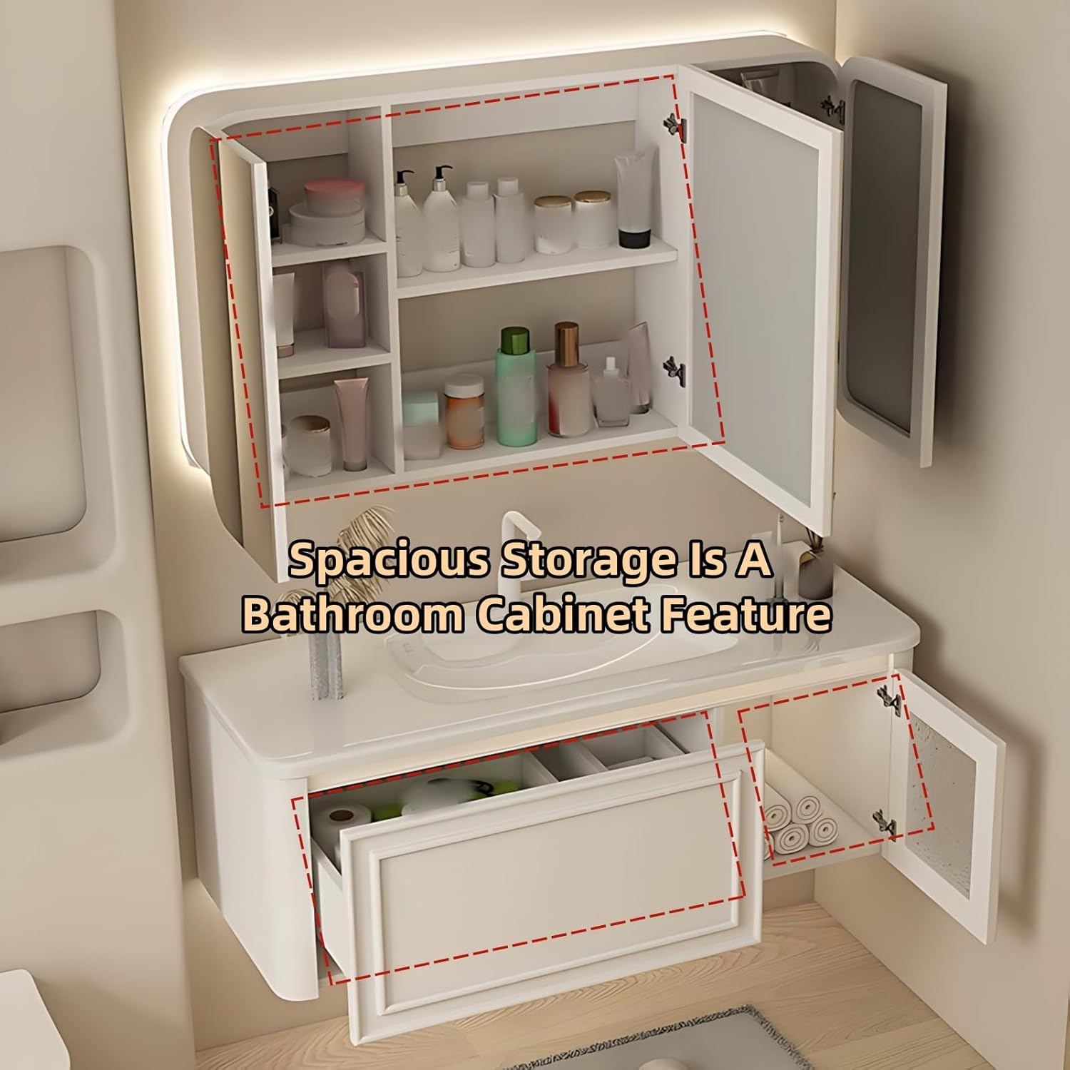 36IN Wall Mounted Bathroom Vanity Set - Wood Bathroom Vanities has Tissue Hole Design | Includes Smart Defogging Mirror Cabinet & Time Display, Rounded Corners, Glass Cabinet Doors (Style C)