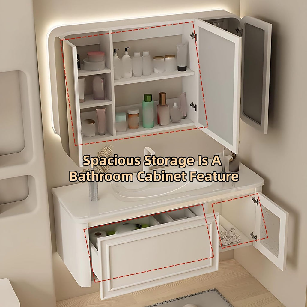 60IN Wall Mounted Bathroom Vanity Set - Wood Bathroom Vanities has Tissue Hole Design | Includes Smart Defogging Mirror Cabinet & Time Display, Rounded Corners, Glass Cabinet Doors (Style C)