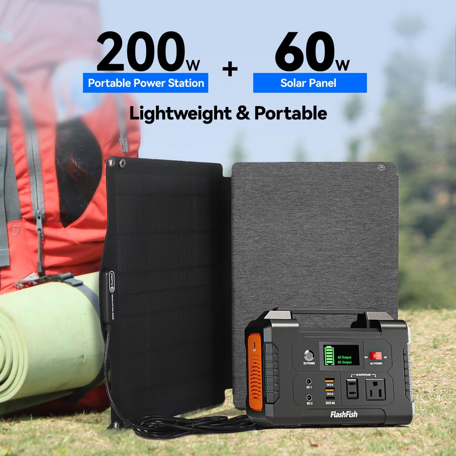 Portable Power Station With Solar Panel Included, Flashfish 200W Solar Generator+60W Solar Panel(DC Output),Backup Power Emergency Power Supply For Home Blackout/RV/Camping
