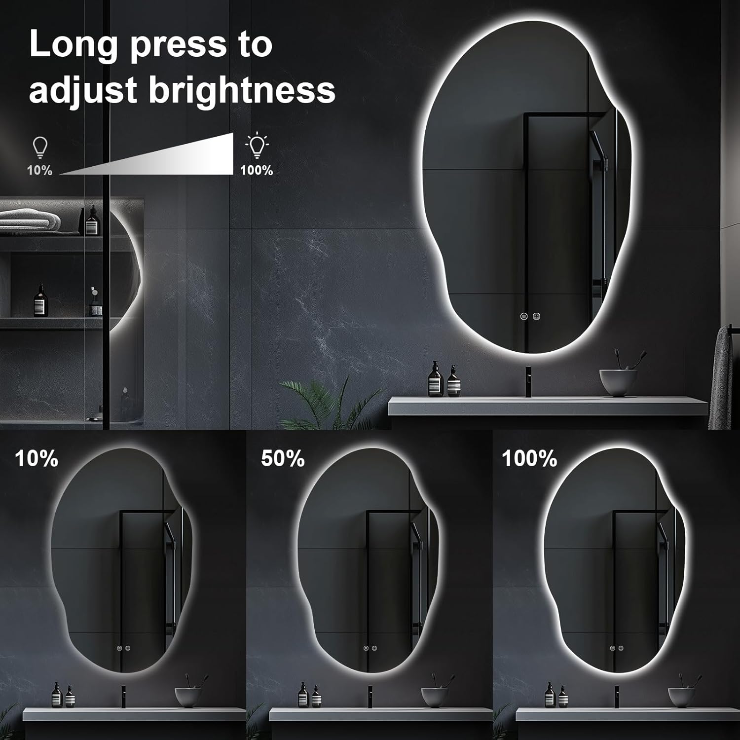 Asymmetrical LED Bathroom Mirror with Lights,Irregular Led Bathroom Vanity Mirror for Wall with Backlit, Anti Fog, 3 Colors and Dimmable Light,[Horizontal/Vertical] 48" H x 30" W