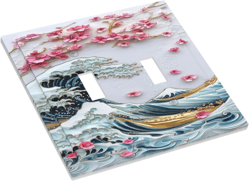 Decorative Switch Plates The Great Wave Off Kanagawa With Sakura 2 Gang Double Toggle Outlet Light Switch Cover Wall Plate Electrical Faceplate for Bedroom Bathroom Decor