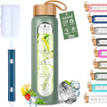 Aqulea Glass Water Bottles 32 Oz with Silicone Sleeve - BPA Free Reusable Wide Mouth Glass Motivational Water Bottles with Fruit Infuser – Leak Proof Borosilicate Water Bottle with Time Marker (Green)