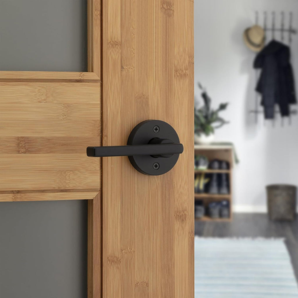 Kwikset Halifax Dummy Door Handle, Single Sided Round Lever for Closets, French Double Doors, and Pantry, Matte Black Non-Turning Reversible Interior Push/Pull Lever, with Microban Protection