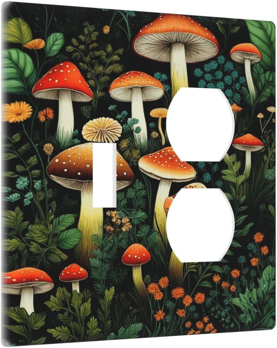 Decorative Outlet Covers Red Mushroom Flowers Green Leaf Plants 2 Gang Wall Plate Single Toggle Duplex Light Switch Cover Switch Plate Covers Faceplate for Bedroom Home Decor
