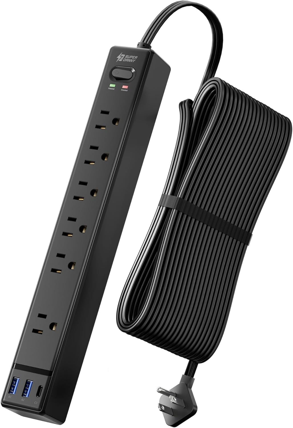 20Ft Long Extension Cord, SUPERDANNY Flat Plug Surge Protector Power Strip 20 Feet, 6 Outlets & 3 USB Ports, Wall Mountable Power Bar for Home Office, Dorm Room