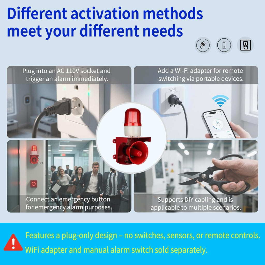 AC110V Industrial Siren Alarm Strobe Light-120dB Loud Horn&Red Beacon Warning Light,Waterproof Indoor/Outdoor Safety Alarm for Emergency,Factory,Office,Fires,Tornado,Intruders,Animal Deterrent