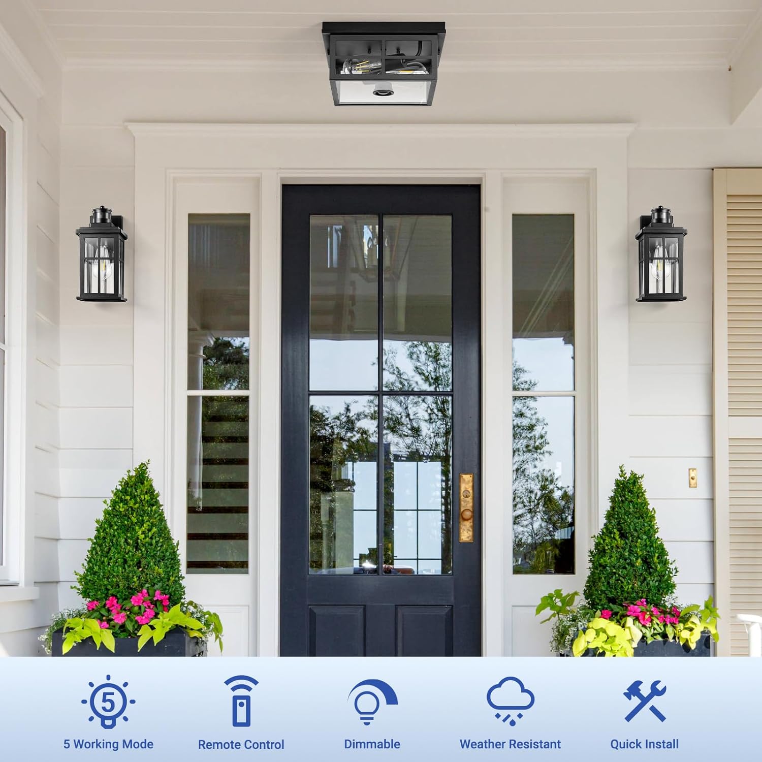 Motion Sensor Outdoor Ceiling Light with Remote, Distance and Time Adjustable Outside Flush Mount Ceiling Light, 5 Modes Porch Lights Outdoor Ceiling for Garage, Porch, Entryway, Black, Square
