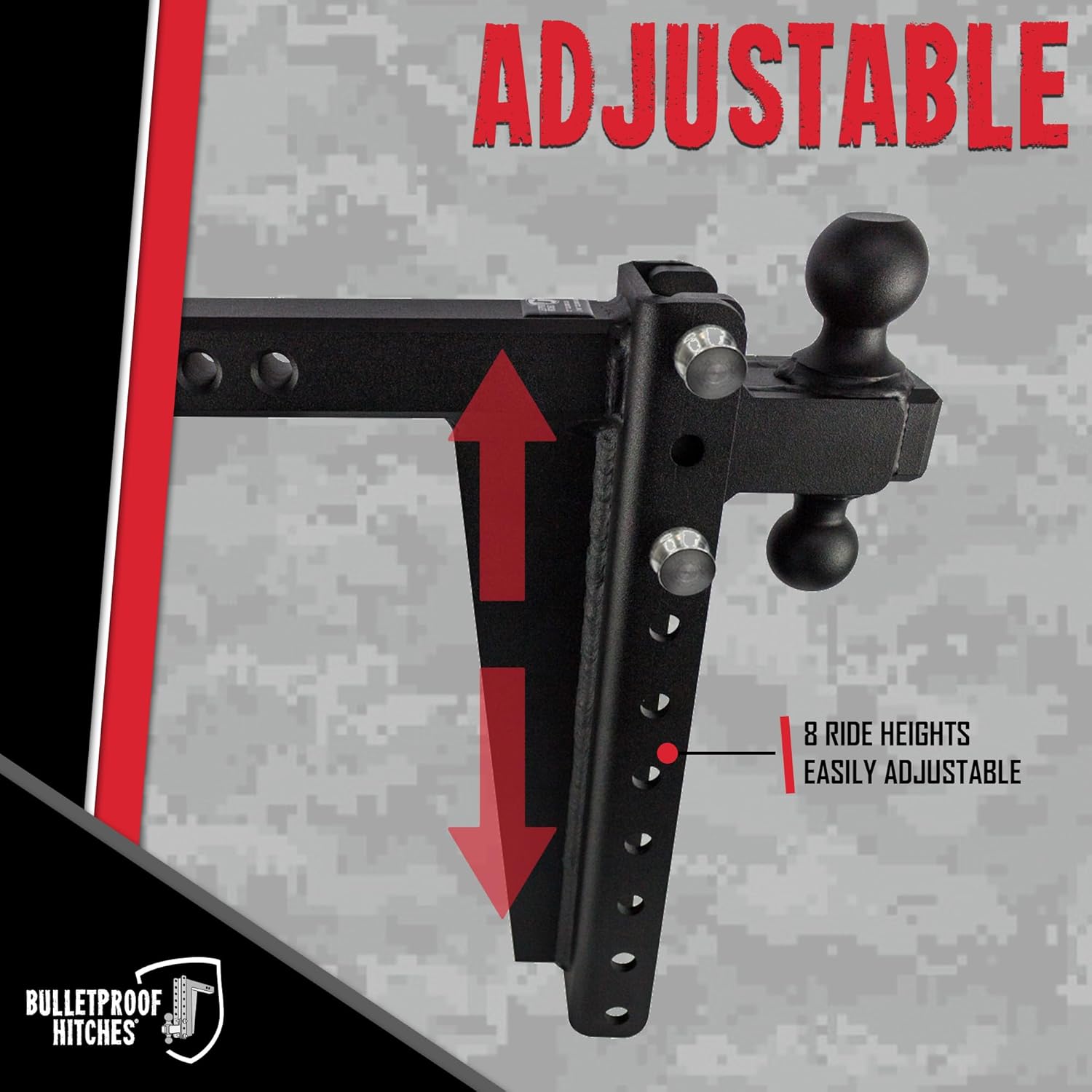 BulletProof Hitches - 2.0" Adjustable Heavy Duty Trailer Hitch (22,000 lb. Rating) - 14" Drop/Rise Trailer Hitch with 2" & 2-5/16" Dual Ball - Powder Coat, Solid Steel, Corrosion-Resistant