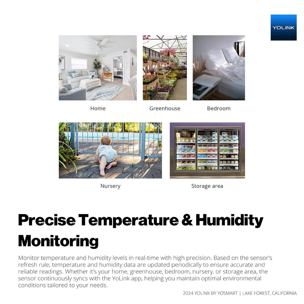 YoLink Indoor Hygrometer Thermometer, 2-Year Data Storage Export, Data loger, LoRa Tech, App Push, Email, SMS, Hub Required