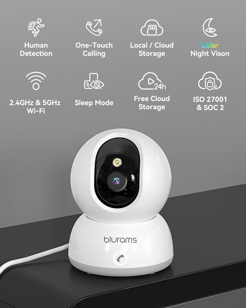 blurams 5G Indoor Camera, 2K Nanny Cam, 360° PTZ Pet Camera with Phone App, One-Touch Call, Color/IR Night Vision, Dual-Band Wi-Fi, Motion Tracking, Compatible with Alexa(2Pack)