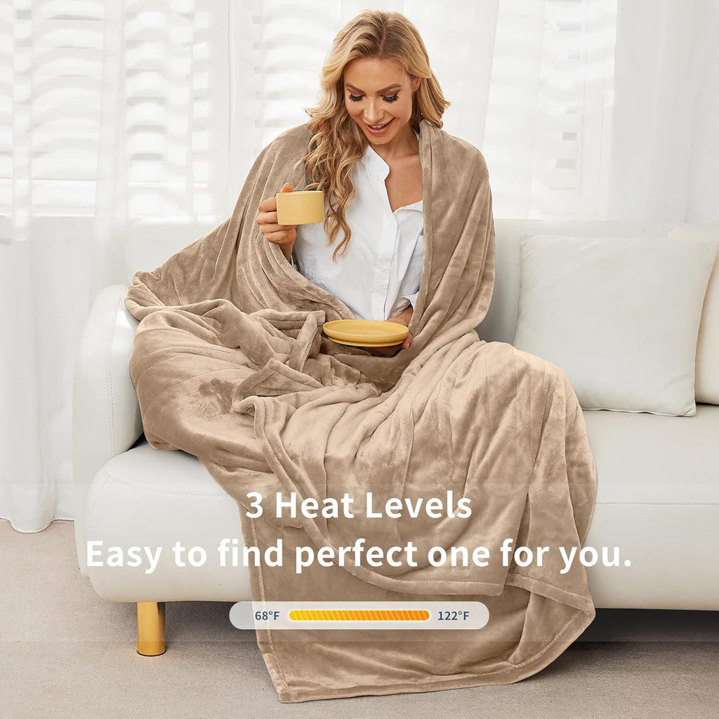 Vagueior Electric Heated Blanket Full Size 50'' x 60'',Extra-Warm Lightweight Cozy Luxury Electric Blanket Machine Washable with 3 Heating Levels Auto-Off Machine Washable,ETL Certification - Beige