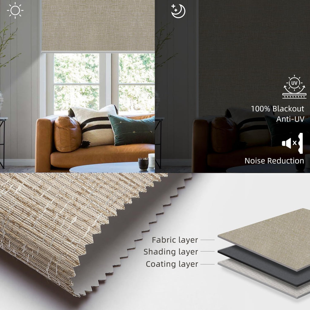 SmartWings Motorized Roller Shades Work with Homekit, 100% Blackout Smart Blinds for Windows, Cordless Remote Control Window Shades, Safar Biscuit, Customized Size