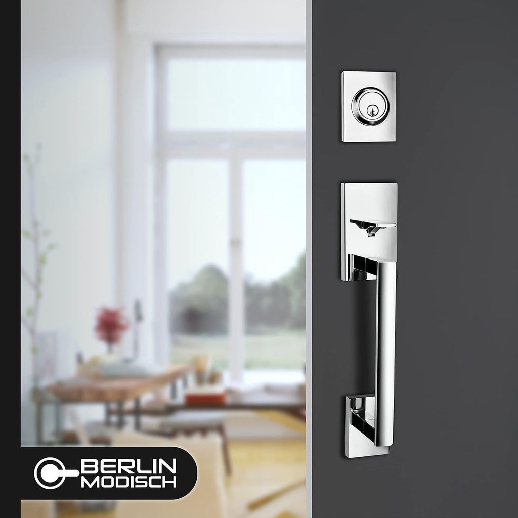 Berlin Modisch HandleSet Front Door Entry Handle and Deadbolt Lock Set Slim Square Single Cylinder Deadbolt and Lever Reversible for Right & Left Sided Doors Heavy Duty – Polished Chrome Finish