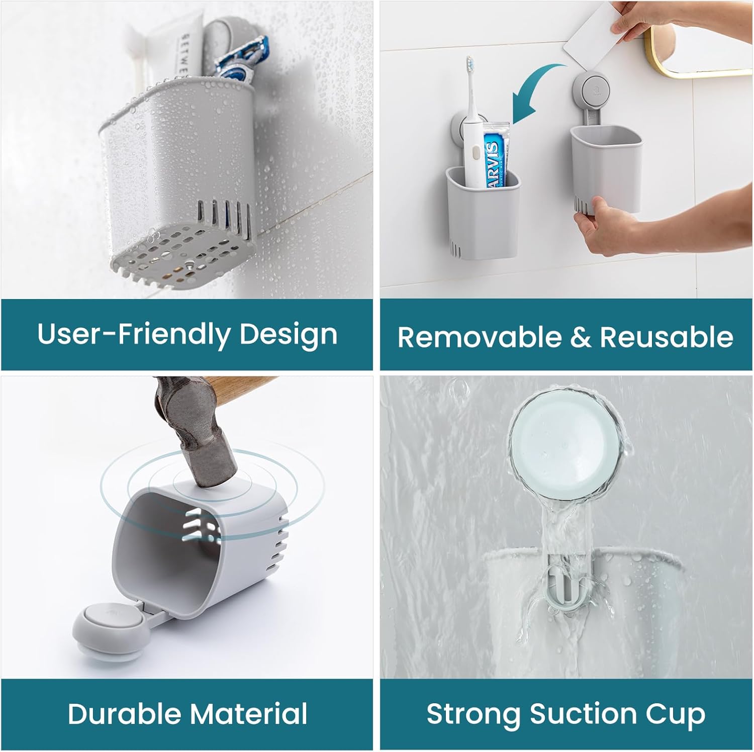 TAILI Suction Toothbrush Holder 2 Pack, Powerful Toothpaste Toothbrush Suction Cup, Self-draining Shower Razor Holder, Shower Toothbrush Holder for Wall, Kitchen Tableware Holder, Gray