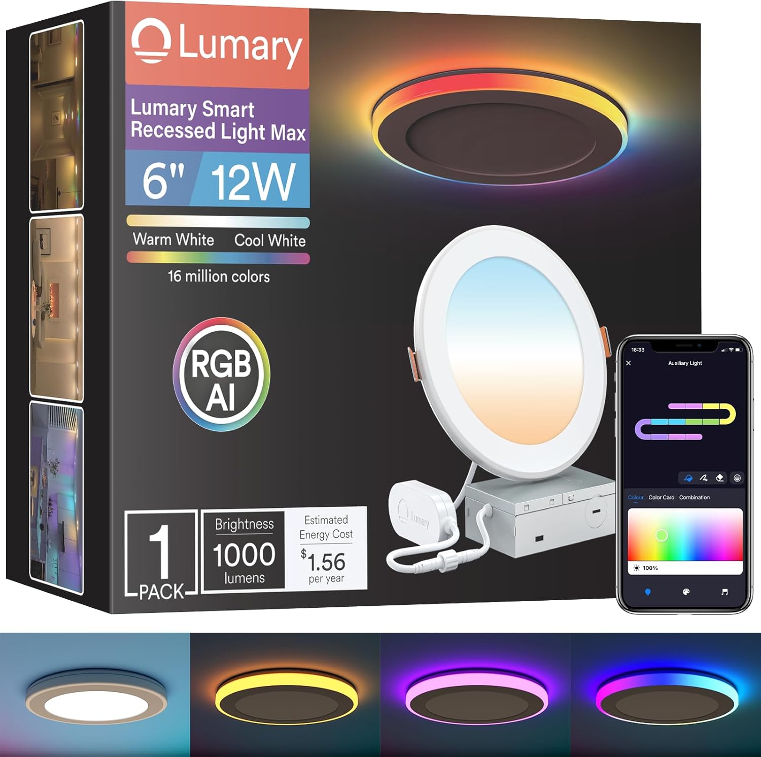 Lumary RGBAI Smart Recessed Lighting 6 Inch with Gradient Accent and Night Ring, 12W 1000LM Wi-Fi LED Recessed Lights, LED Downlight Compatible with Alexa/Google Assistant/Siri, 1PCS