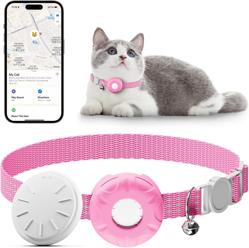 Cat GPS Tracker for Cats, Waterproof Pet GPS Tracker, Compatible with Apple Find My App (Only iOS), No Monthly Fee (White Tracker, Pink Cat Collar)-2025091601