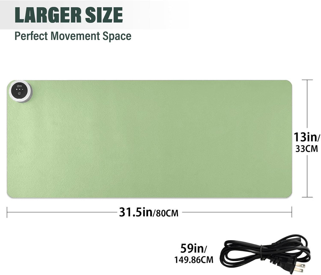 Green Heated Desk Pad Mouse Pad 31.5x13 Inch PU Leather Desk Mat with 3 Heat Levels Large Mouse Gaming Computer Laptop Mat
