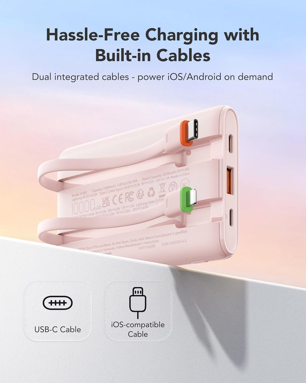 VEGER Portable Charger with Built in Cables, Slim 10000mAh PD 22.5W Fast Charging USB C Power Bank, 4 Outputs 3 Inputs Battery Pack Compatible with iPhone 16e 15 14 13 Samsung iPad - Travel Essential