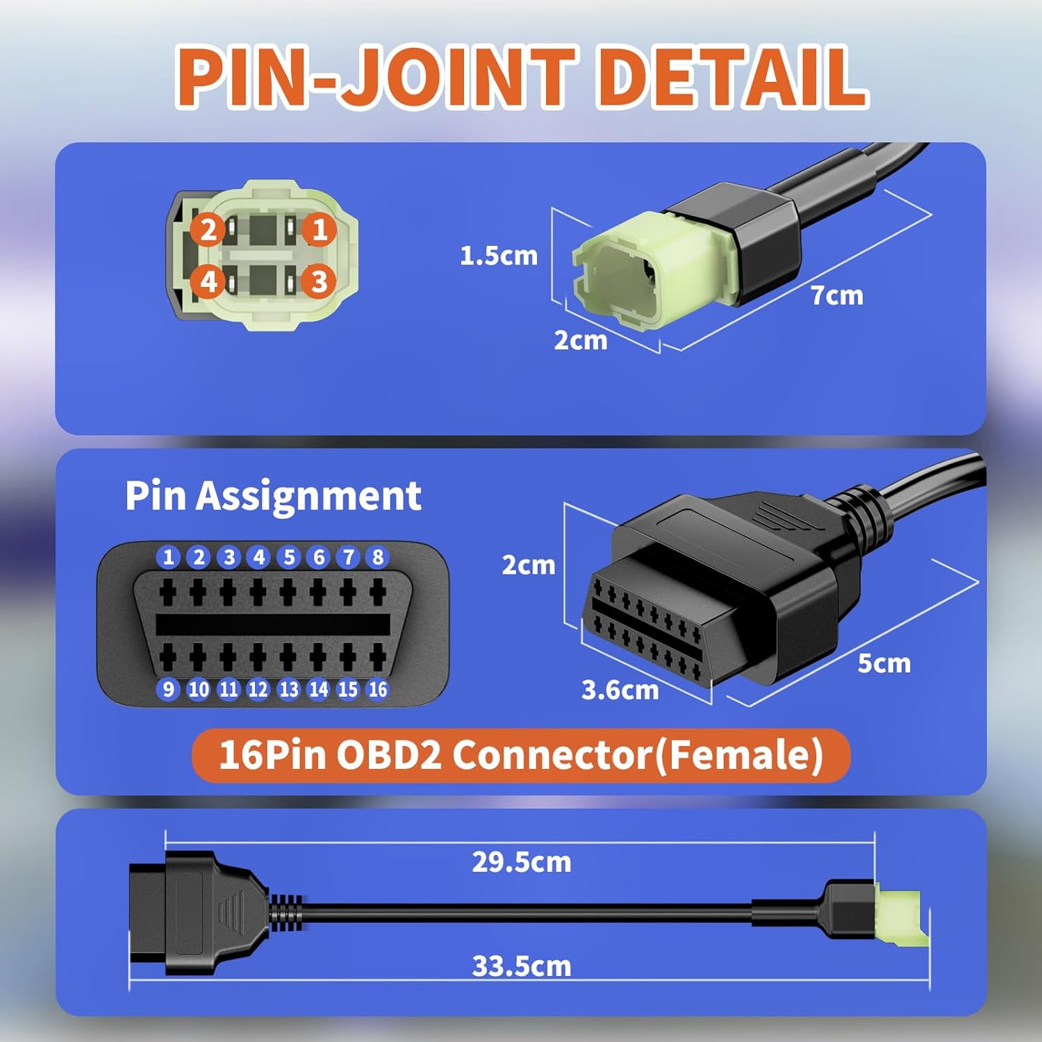 OBD2 Adapter Cable Fits for Honda Motorcycles, 4Pin to 16Pin OBD2 Diagnostic Adapter Cable Works with All OBDII Scanner