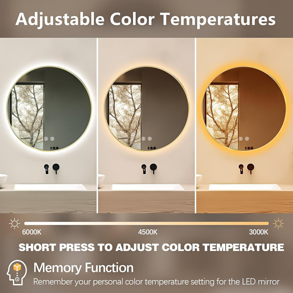 Niccy Round Led Mirror for Bathroom, 24" Backlit Mirrors for Wall Circle Lighted Mirror with Old Gold Frame Anti-Fog, 3 Colors, HD Glass and IP65 Waterproof