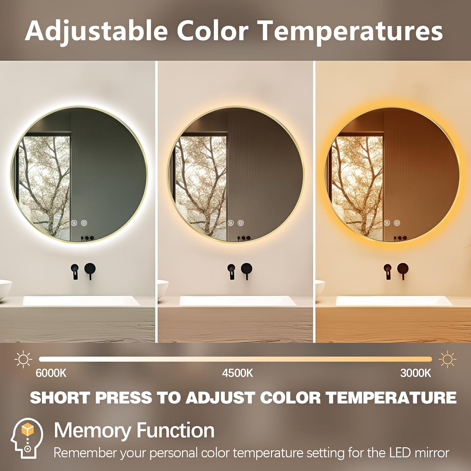 Niccy Round Led Mirror for Bathroom, 24" Backlit Mirrors for Wall Circle Lighted Mirror with Old Gold Frame Anti-Fog, 3 Colors, HD Glass and IP65 Waterproof