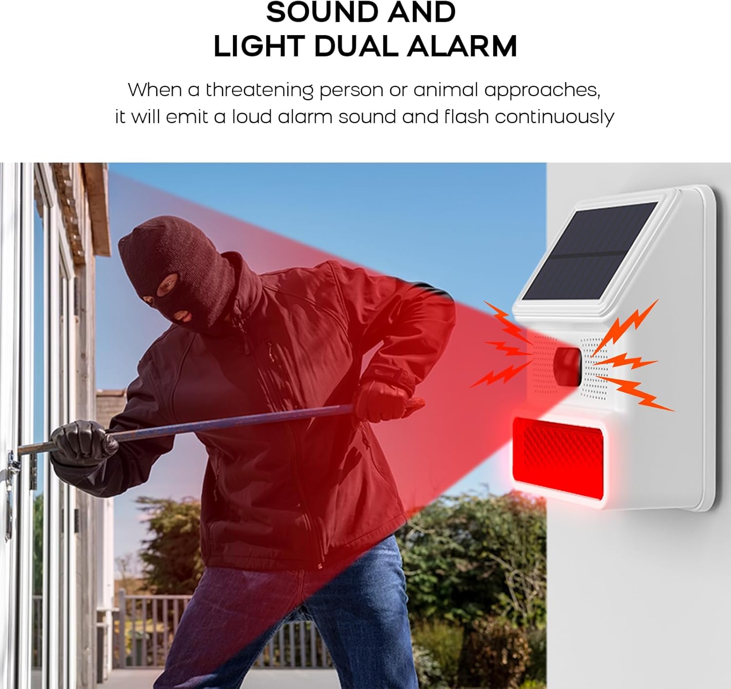 PGST Solar Alarm Motion Detector,Outdoor Security Siren Sensor with Flashing Light,IP65 Waterproof,Remote Control,21 Sound Switching Options,120dB Loud Noise Maker for Farm,Yard,Garden,Fish Pond