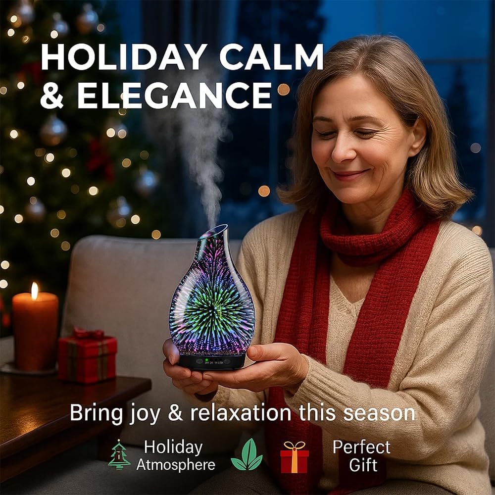 Essential Oil Diffuser & Essential Oils Set, Glass Aromatherapy Diffuser with 7 Color LED Lights and Auto-Shut Off, Cool Mist Diffuser for Home with 6 Essential Oils