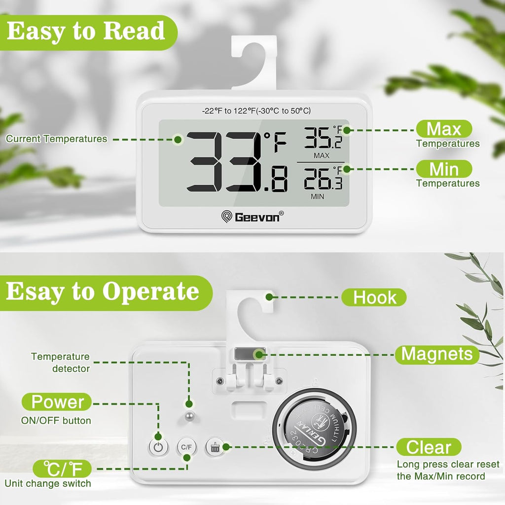 Geevon 4 Pack Refrigerator Thermometer Digital Fridge Thermometer IP65 Waterproof with Large LCD Display,Max/Min Record Function,Magnetic Back,for Fridge,Freezer Scenarios