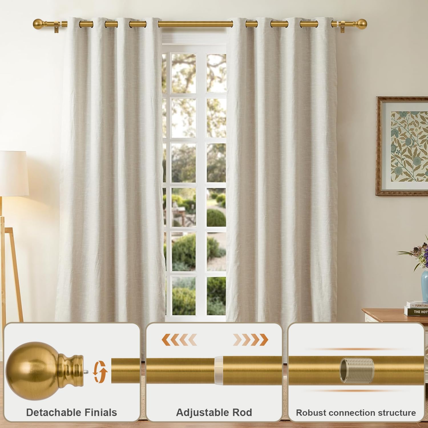 Modern Gold Curtain Rods for Windows 72 to 144 Inch 1" Diameter Adjustable Heavy Duty Brass Long Window Curtain Rod with Metal Finials for Living Room Bedroom Farmhouse Kitchen Outdoor