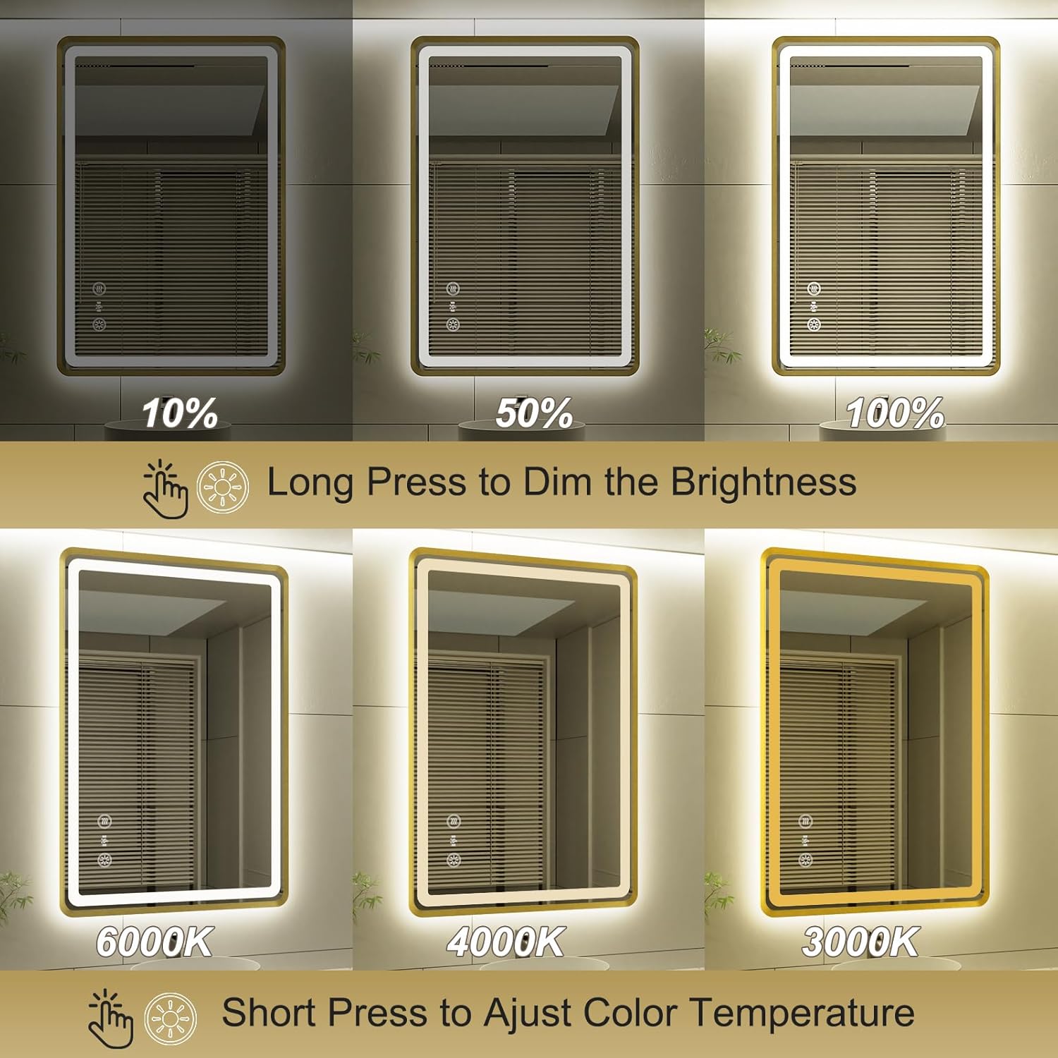 24x36 Inch Gold Framed LED Bathroom Mirror, Smart Bathroom Mirror with Motion Sensor Lights, Anti Fog, Stepless Dimmable & 3 Colors Temperature Adjustment, LED Vanity Mirror for Wall