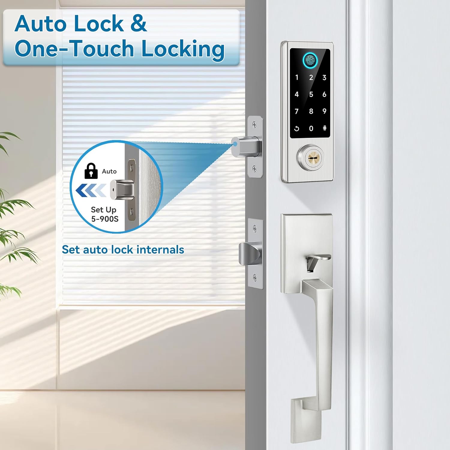 Fingerprint Door Lock with Handle Sets, BEBASIA Keyless Entry Door Lock, Bluetooth Front Door Lock Set, Smart Deadbolt, Electronic Keypad Digital Deadbolt with Handle, Satin Nickel
