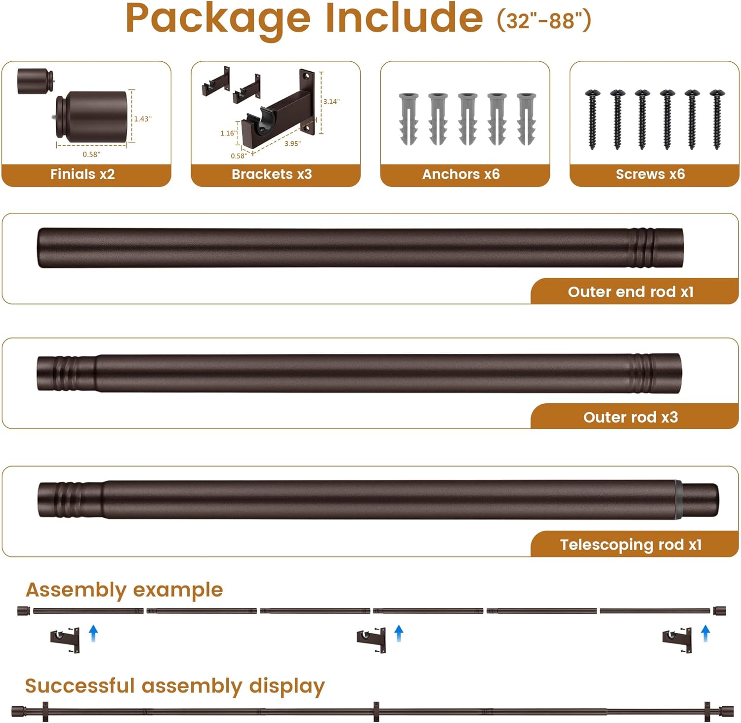 Bronze Aluminium Curtain Rods for Windows,1 Inch Adjustable Curtain Rod 48-84,Heavy Duty Drapery Rods with Thicken Bracket,Decorative Modern Single Rod with Aluminium Finials