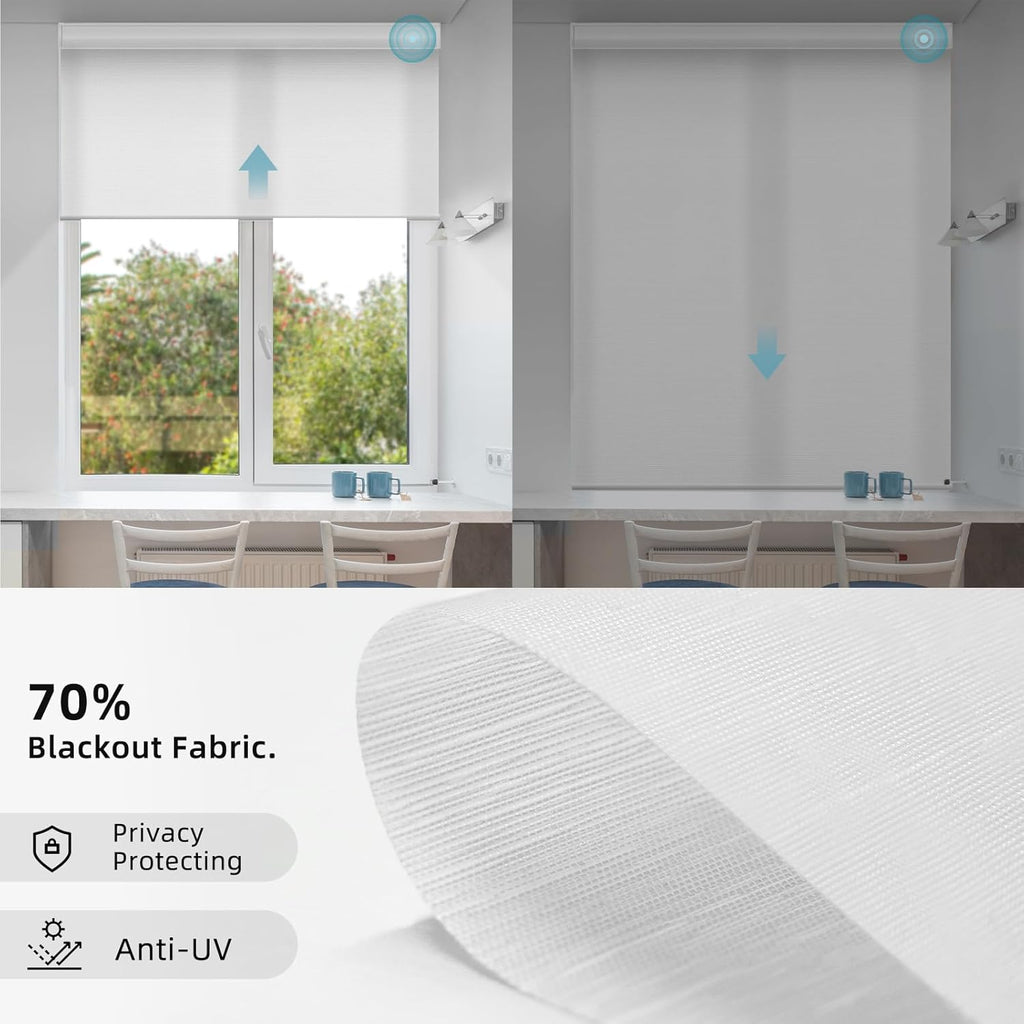 SmartWings Motorized Smart Roller Shades in Light Filtering, Electric Blinds with Remote for Windows Compatible with Alexa/Google Home/Homekit, Customized, 70% Blackout Essential White